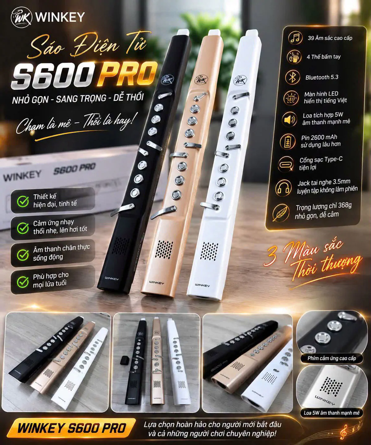 Sáo Điện Tử Win Key S600 Pro 4 Sáo Điện Tử Winkey S600 Pro - Sáo Trúc Họ Đinh